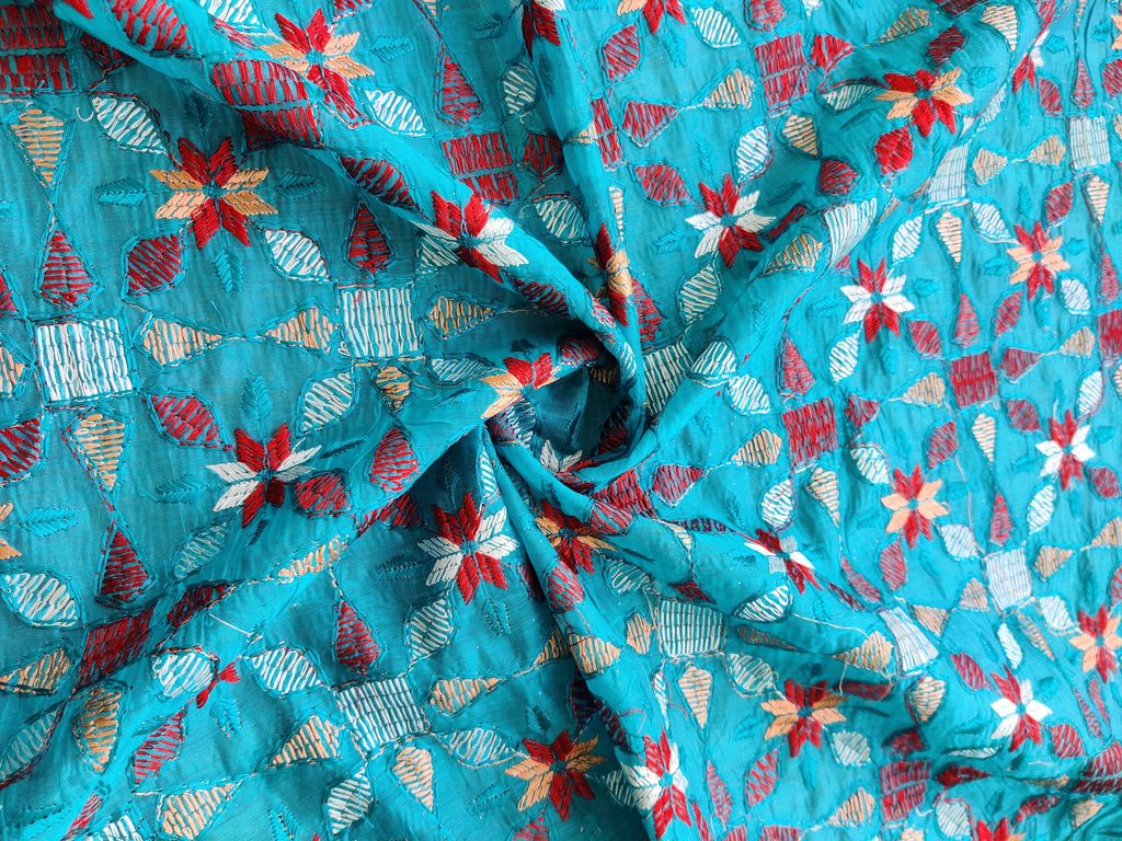 Blue Geometric Flowers Embroidered Kantha Work Chanderi Fabric