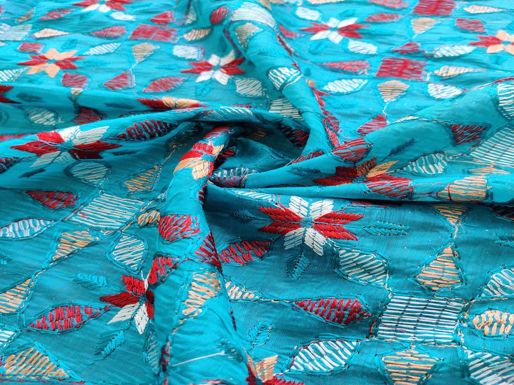 Blue Geometric Flowers Embroidered Kantha Work Chanderi Fabric
