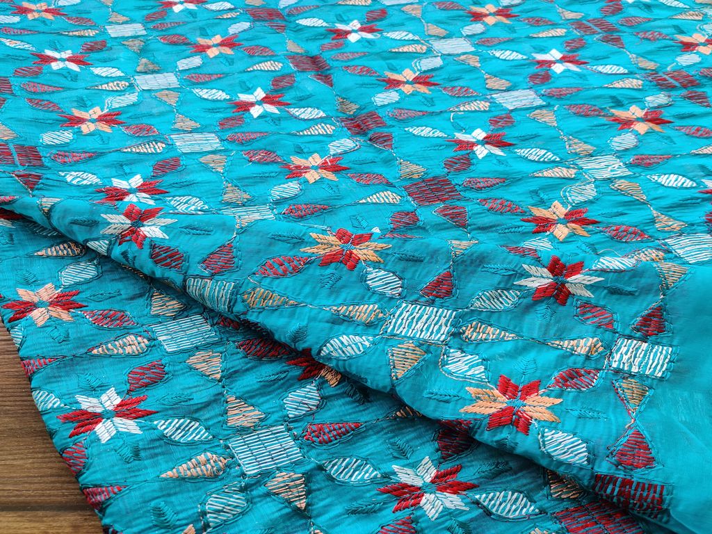 Blue Geometric Flowers Embroidered Kantha Work Chanderi Fabric