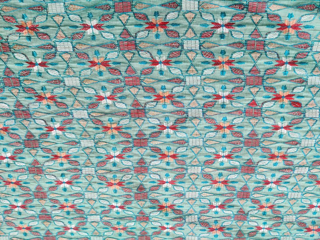 Turquoise Blue Geometric Flowers Embroidered Kantha Work Chanderi Fabric