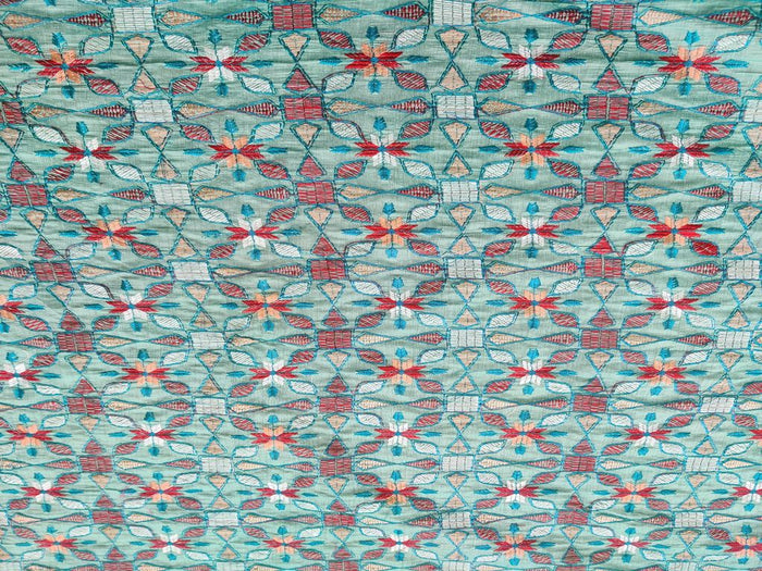 Turquoise Blue Geometric Flowers Embroidered Kantha Work Chanderi Fabric