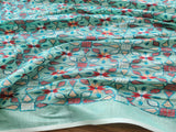 Turquoise Blue Geometric Flowers Embroidered Kantha Work Chanderi Fabric