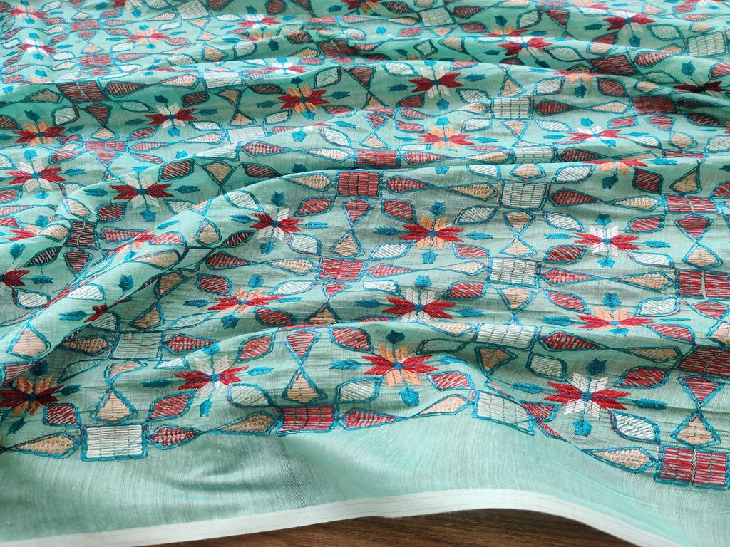 Turquoise Blue Geometric Flowers Embroidered Kantha Work Chanderi Fabric