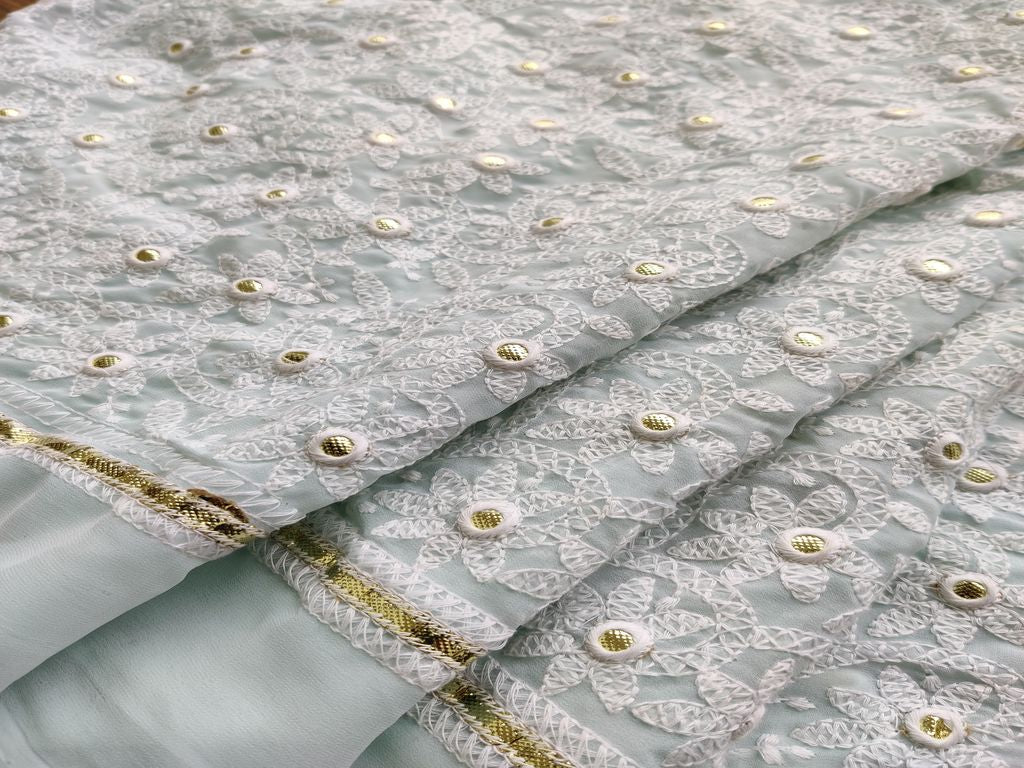 Mint Green Chikankari Georgette With Golden Gota Patti Embroidery