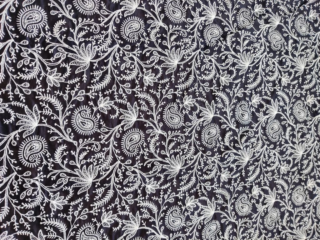 Navy Blue White Lakhnawi Floral Embroidered Chanderi Fabric