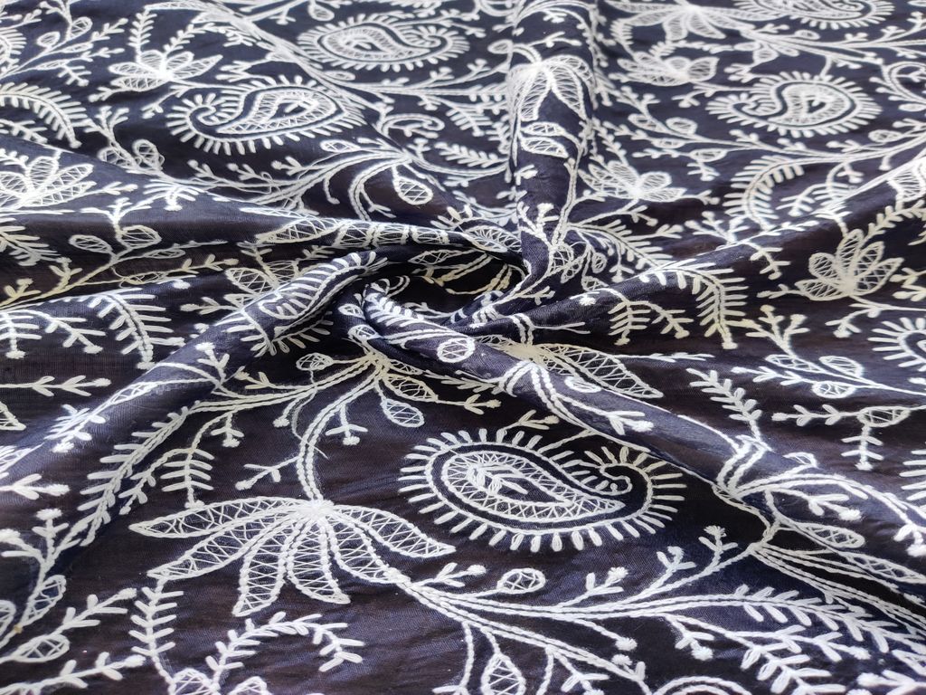 Navy Blue White Lakhnawi Floral Embroidered Chanderi Fabric
