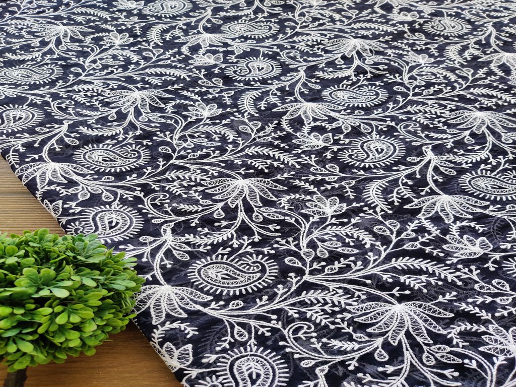 Navy Blue White Lakhnawi Floral Embroidered Chanderi Fabric