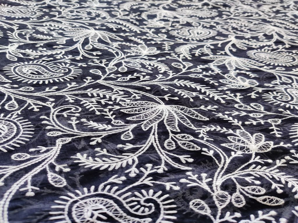 Navy Blue White Lakhnawi Floral Embroidered Chanderi Fabric