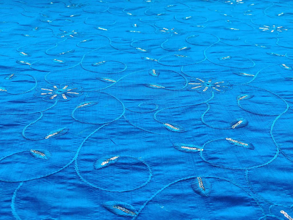 Blue Floral Embroidered Chanderi Fabric