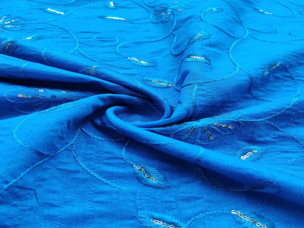 Blue Floral Embroidered Chanderi Fabric
