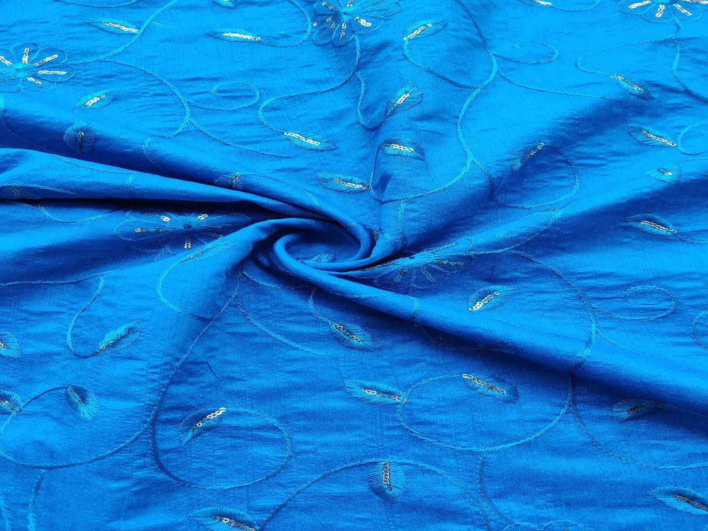 Blue Floral Embroidered Chanderi Fabric
