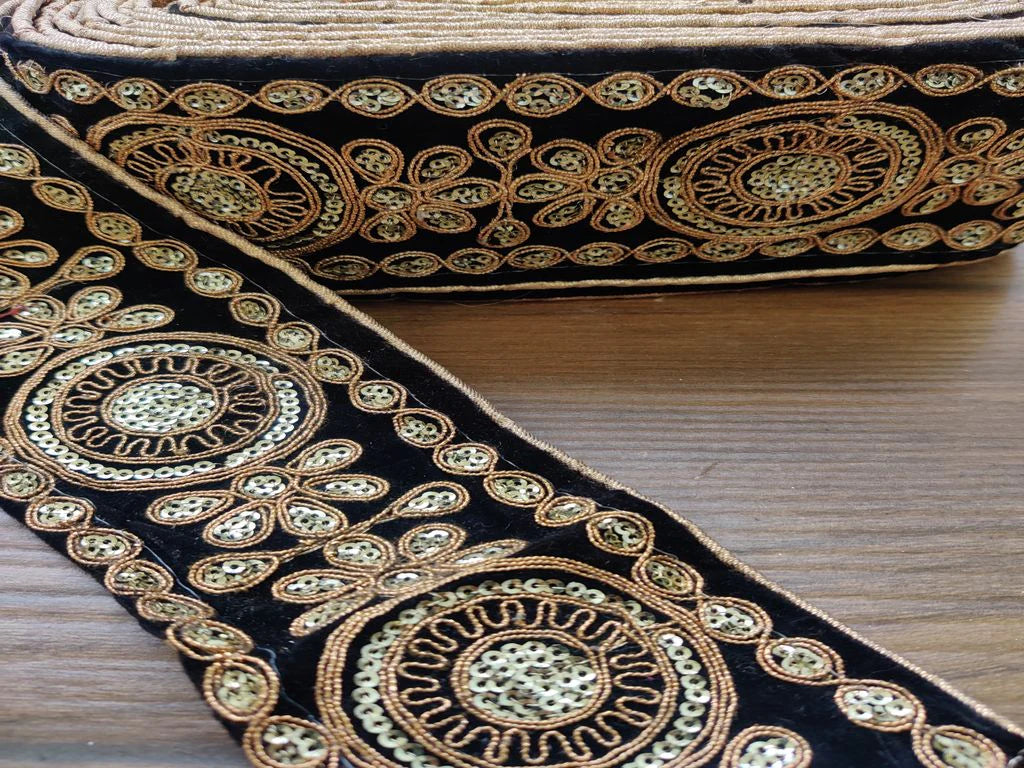 Black Golden Zari and Sequins Work Embroidered Border