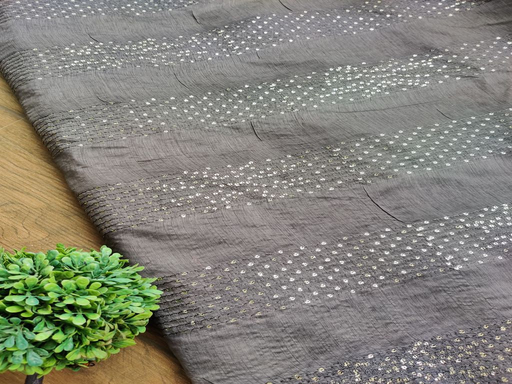 Charcoal Gray Silver Sequins & Thread Work Stripes Embroidered Chanderi Fabric