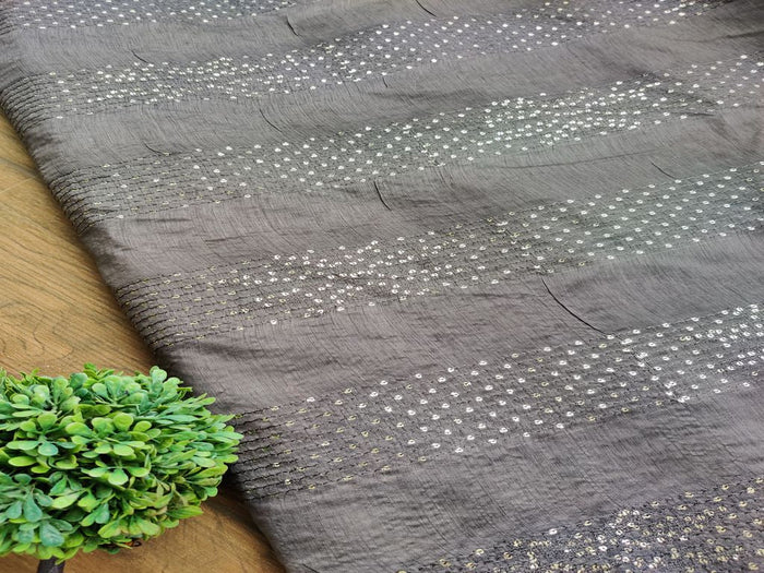 Charcoal Gray Silver Sequins & Thread Work Stripes Embroidered Chanderi Fabric