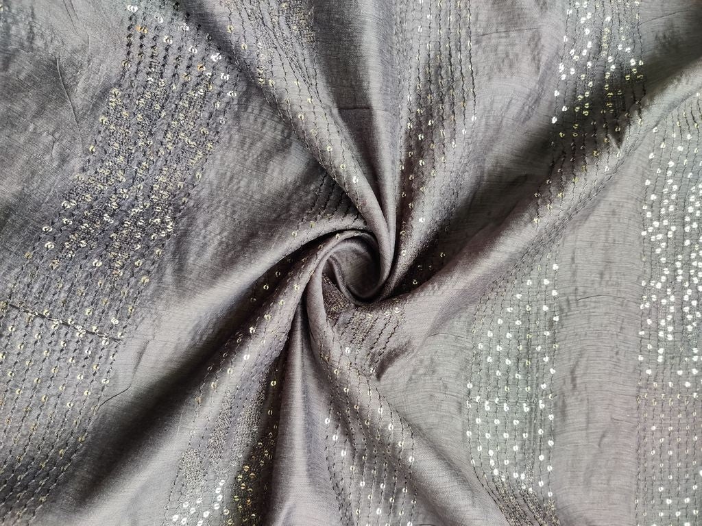 Charcoal Gray Silver Sequins & Thread Work Stripes Embroidered Chanderi Fabric
