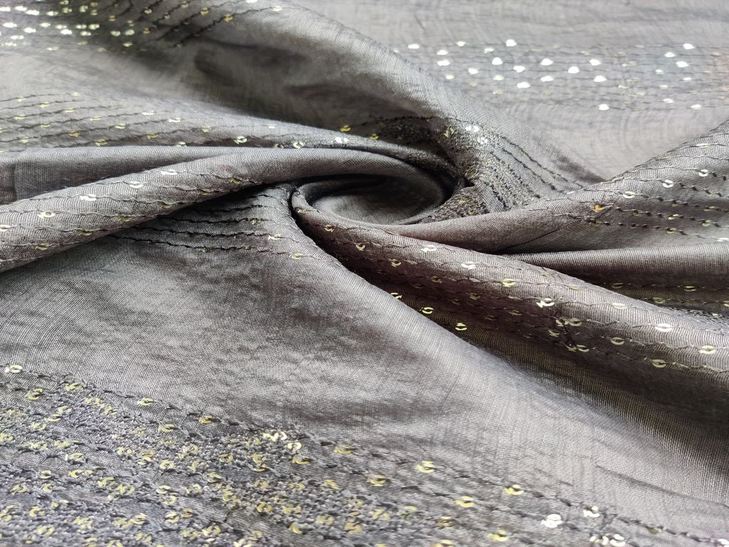 Charcoal Gray Silver Sequins & Thread Work Stripes Embroidered Chanderi Fabric