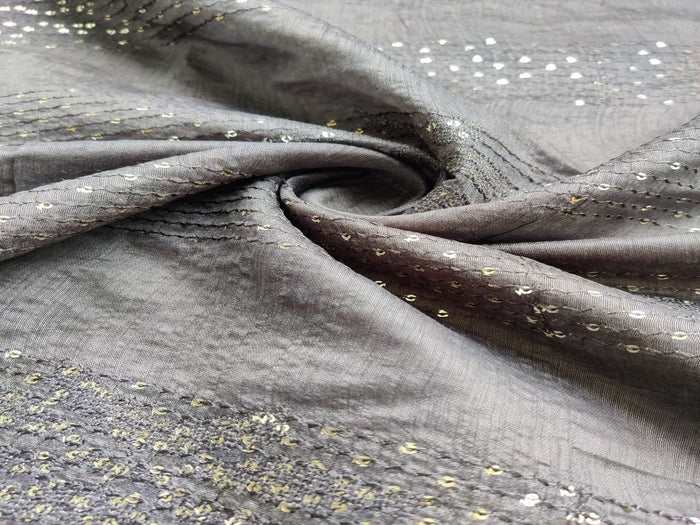 Charcoal Gray Silver Sequins & Thread Work Stripes Embroidered Chanderi Fabric
