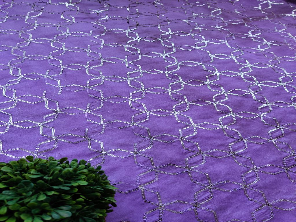 Mauve Silver Sequins Geometric Embroidered Chanderi Fabric