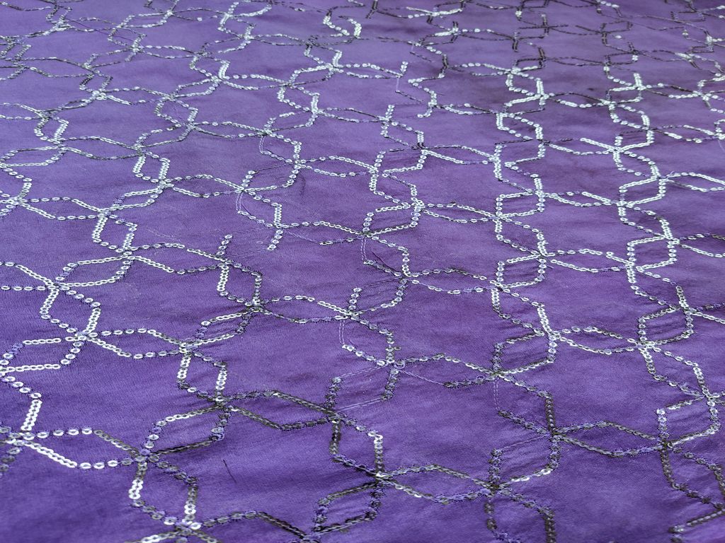 Mauve Silver Sequins Geometric Embroidered Chanderi Fabric
