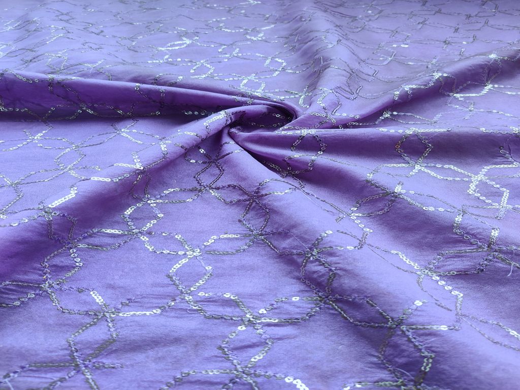 Mauve Silver Sequins Geometric Embroidered Chanderi Fabric