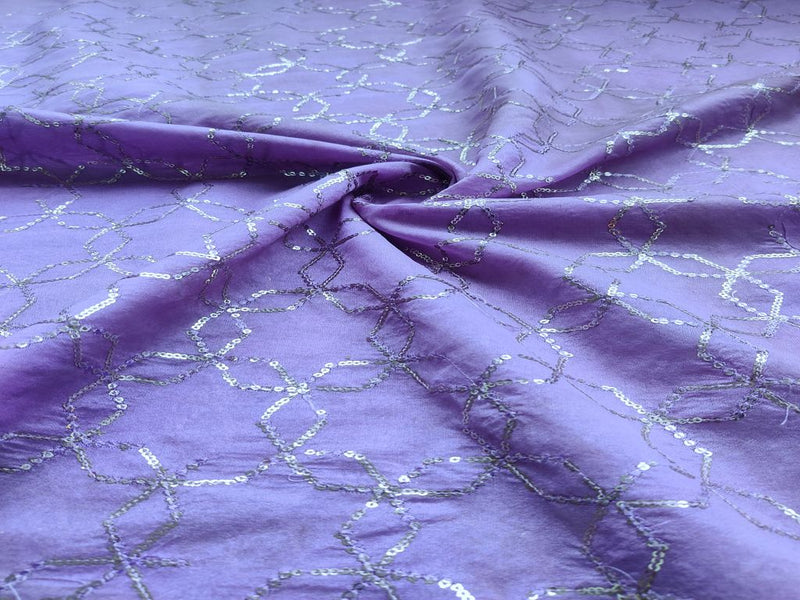 Mauve Silver Sequins Geometric Embroidered Chanderi Fabric