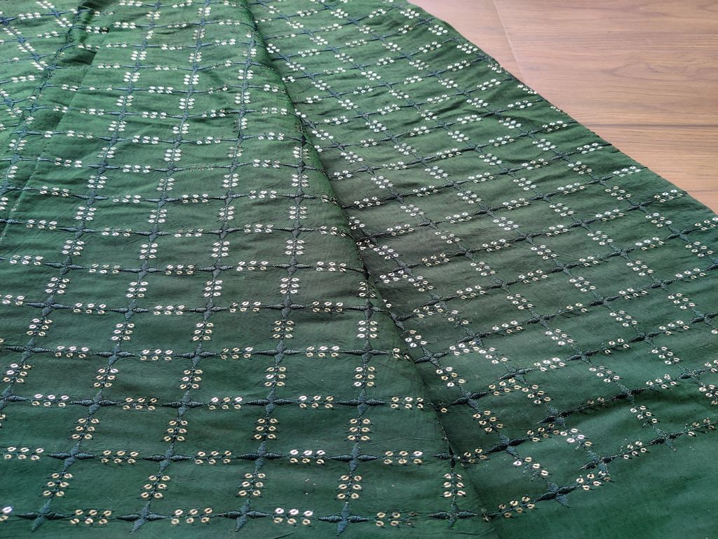 Bottle Green Thread and Silver Sequins Geometric Embroidered Chanderi Fabric