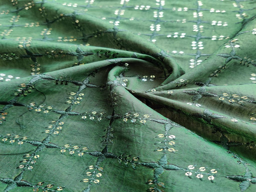 Bottle Green Thread and Silver Sequins Geometric Embroidered Chanderi Fabric