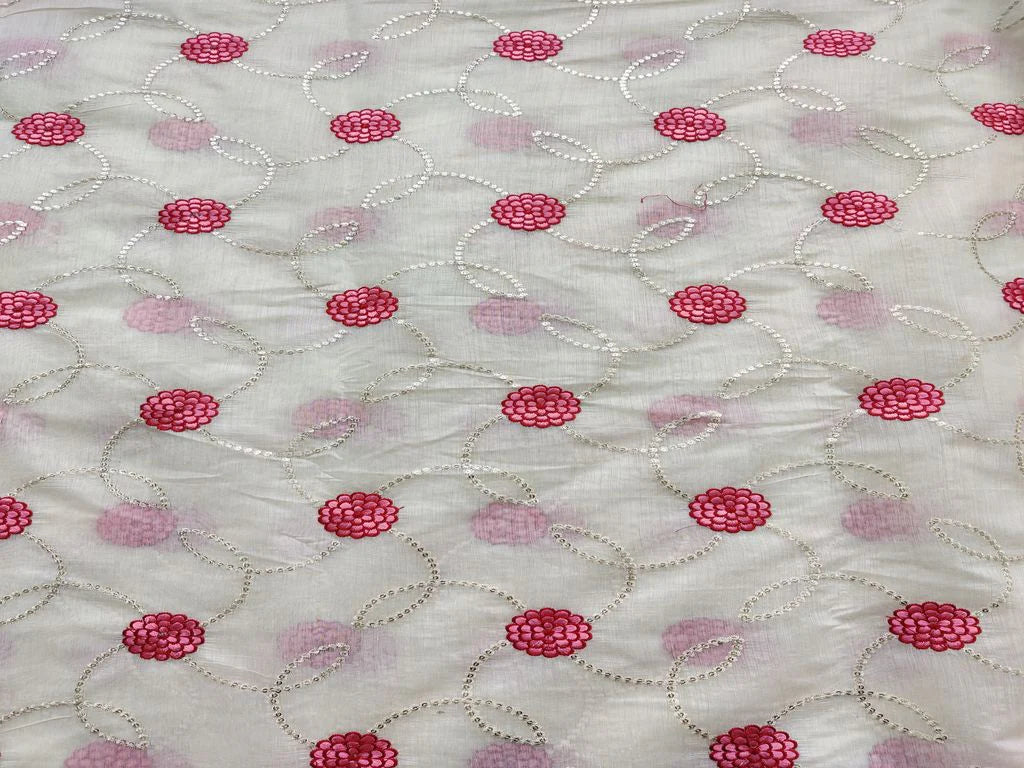 Off White Thread & Silver Sequins Work Flowers Embroidered Chanderi Fabric