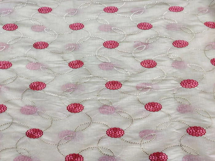 Off White Thread & Silver Sequins Work Flowers Embroidered Chanderi Fabric
