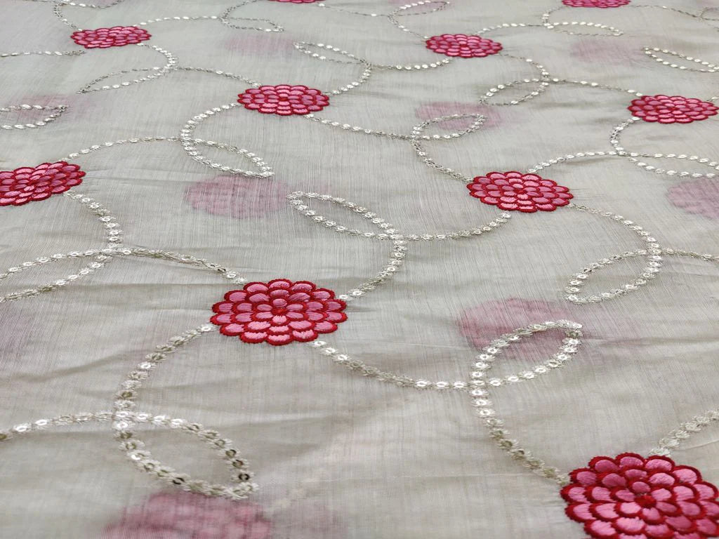 Off White Thread & Silver Sequins Work Flowers Embroidered Chanderi Fabric