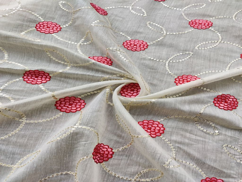 Off White Thread & Silver Sequins Work Flowers Embroidered Chanderi Fabric