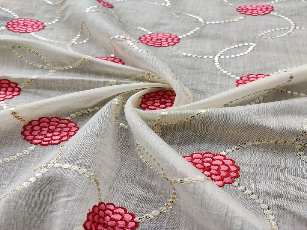 Off White Thread & Silver Sequins Work Flowers Embroidered Chanderi Fabric