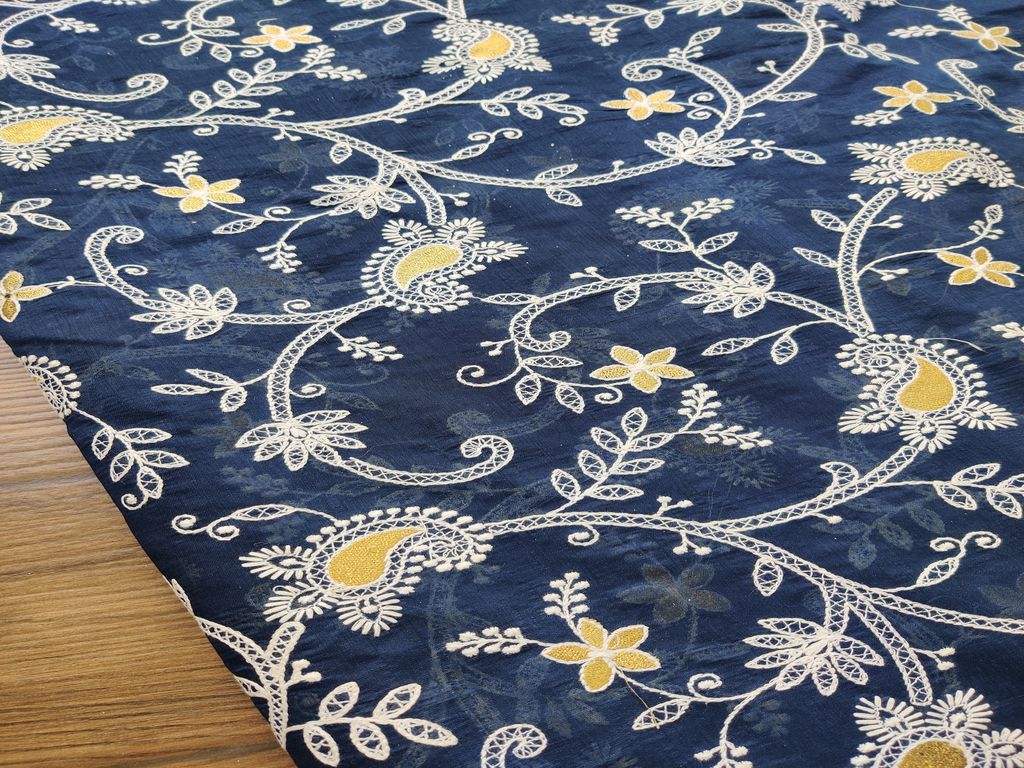Dark Blue Floral Chikankari And Zari Embroidered Chanderi Fabric