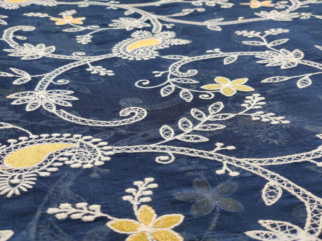 Dark Blue Floral Chikankari And Zari Embroidered Chanderi Fabric