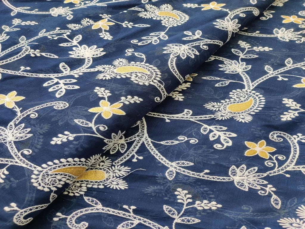 Dark Blue Floral Chikankari And Zari Embroidered Chanderi Fabric