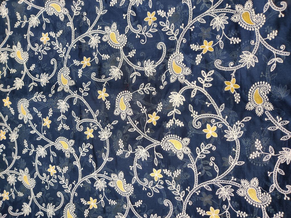 Dark Blue Floral Chikankari And Zari Embroidered Chanderi Fabric