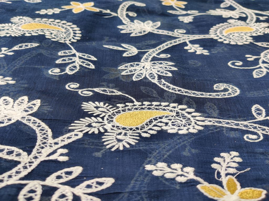 Dark Blue Floral Chikankari And Zari Embroidered Chanderi Fabric