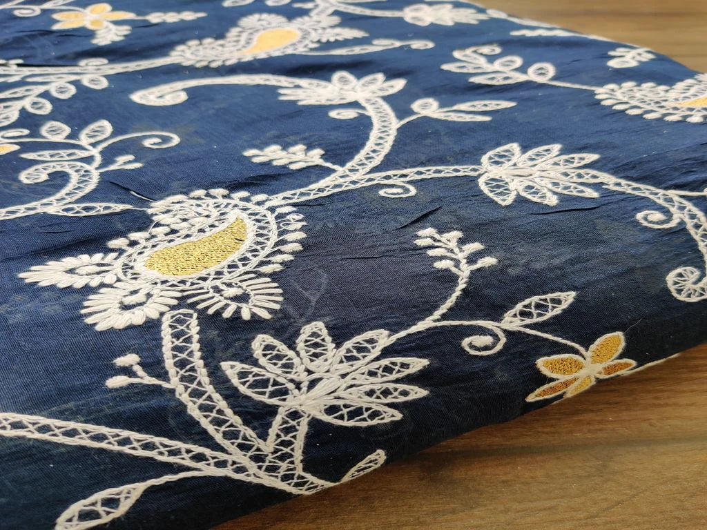 Dark Blue Floral Chikankari And Zari Embroidered Chanderi Fabric