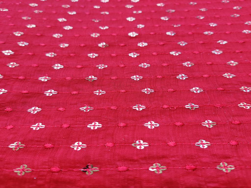 Rose Pink Floral Thread and Sequins Embroidered Chanderi Fabric