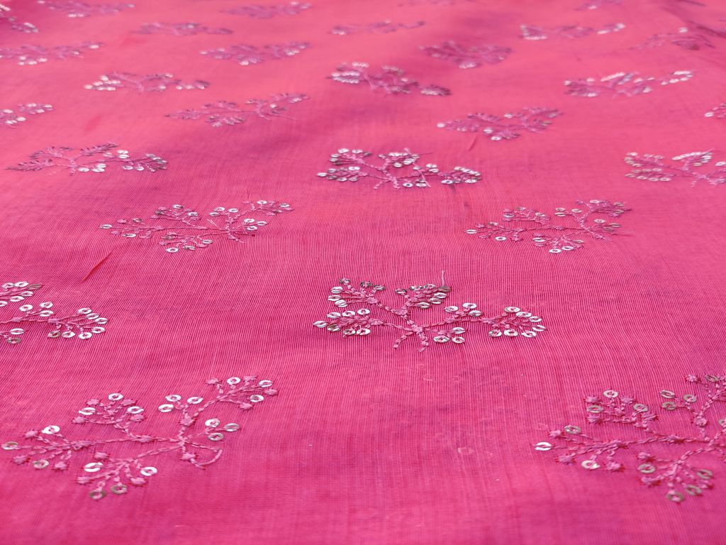 Pink Silver Sequins Flowers Embroidered Chanderi Fabric
