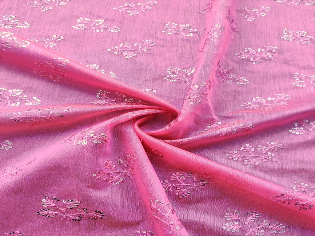 Pink Silver Sequins Flowers Embroidered Chanderi Fabric