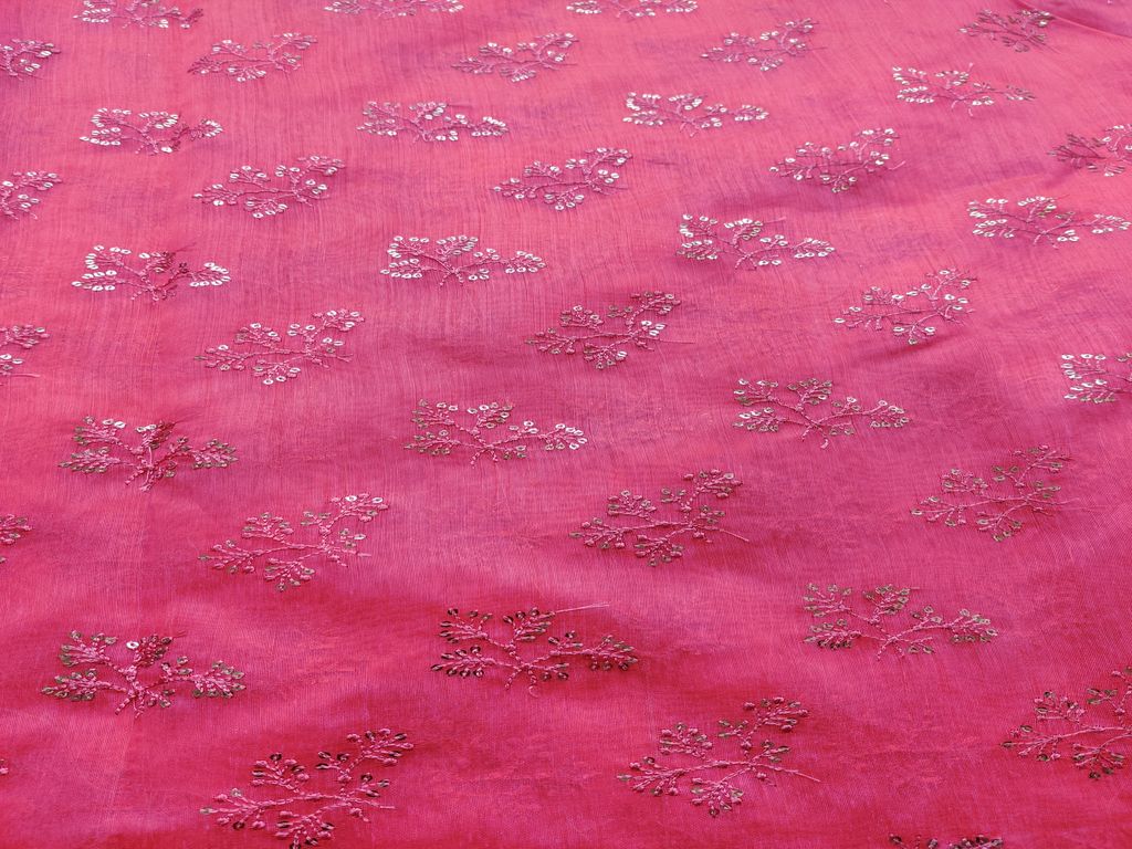 Pink Silver Sequins Flowers Embroidered Chanderi Fabric