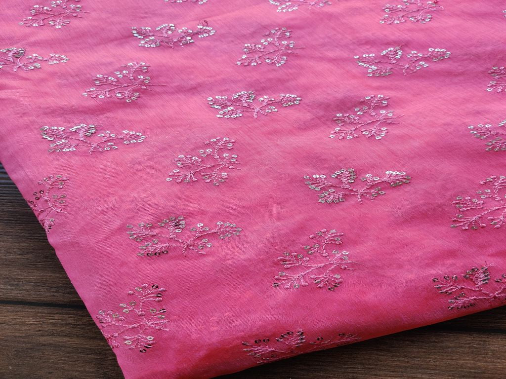 Pink Silver Sequins Flowers Embroidered Chanderi Fabric
