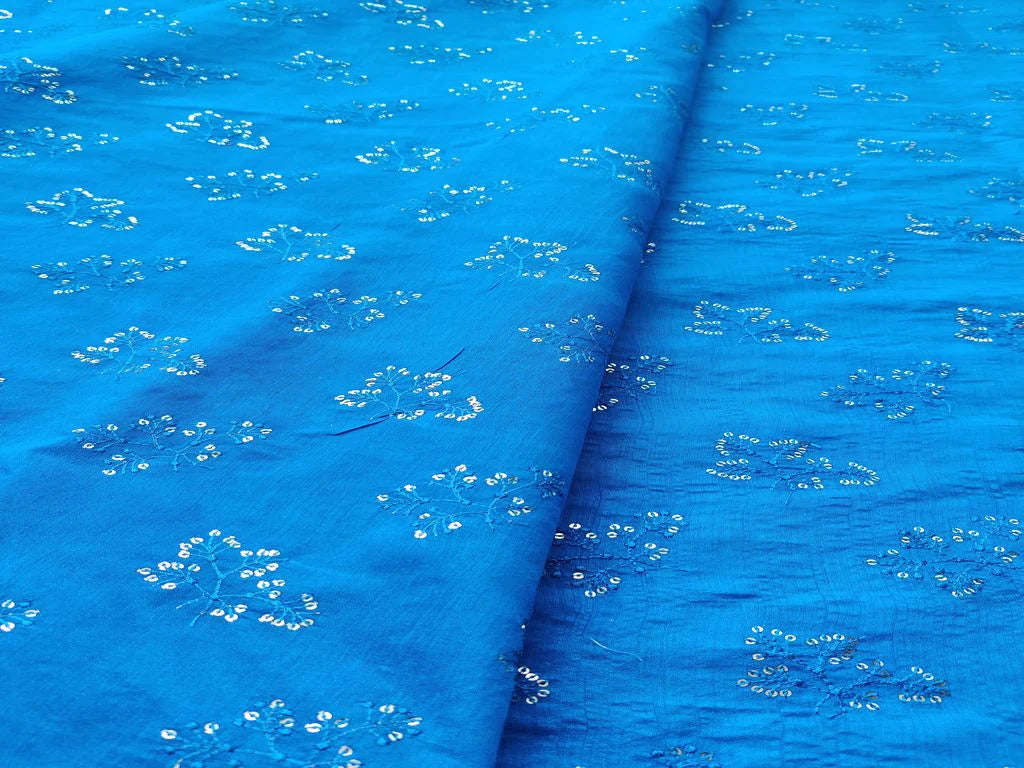 Cobalt Blue Silver Sequins Flowers Embroidered Chanderi Fabric
