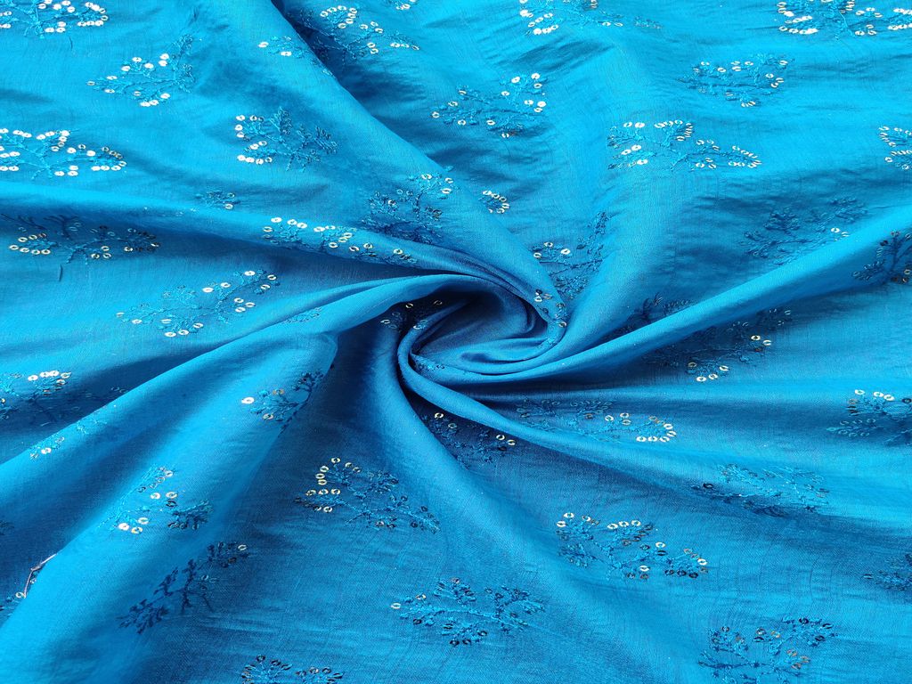 Cobalt Blue Silver Sequins Flowers Embroidered Chanderi Fabric