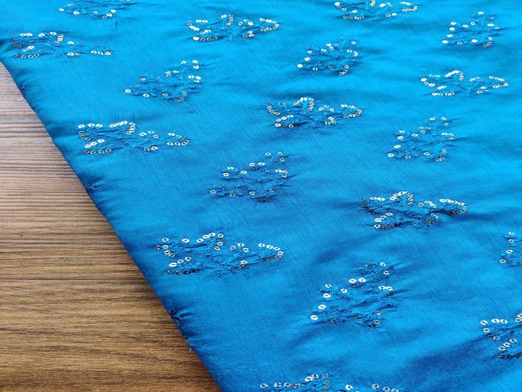 Cobalt Blue Silver Sequins Flowers Embroidered Chanderi Fabric