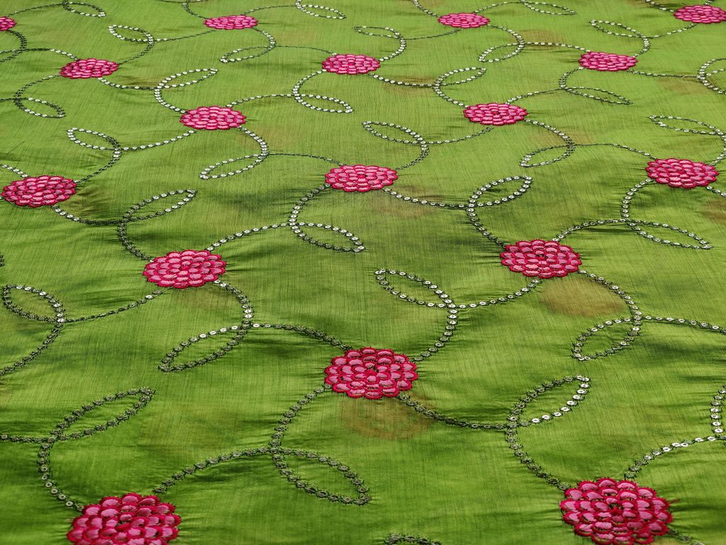 Light Green Pink Thread and Sequins Flowers Embroidered Chanderi Fabric