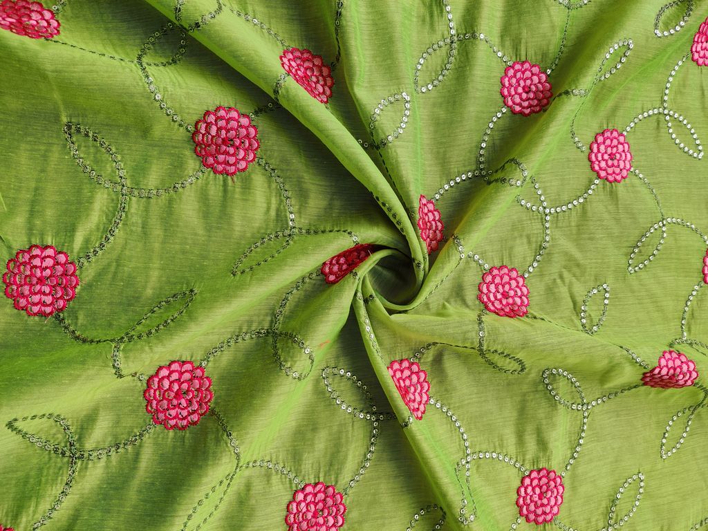 Light Green Pink Thread and Sequins Flowers Embroidered Chanderi Fabric