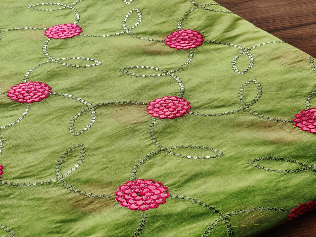 Light Green Pink Thread and Sequins Flowers Embroidered Chanderi Fabric