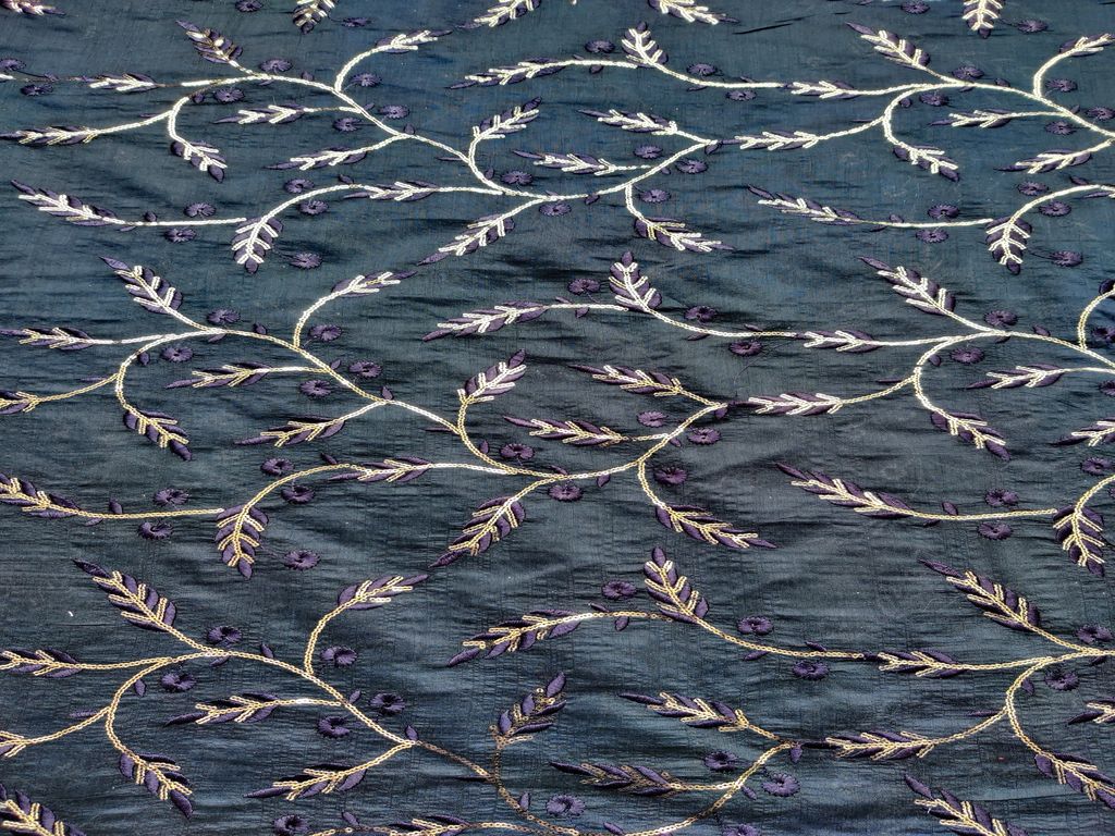 Dark Blue Thread and Sequins Flowers Embroidered Chanderi Fabric